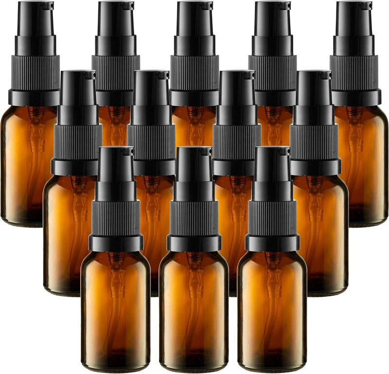 VitalUp 12 Pack Empty Refillable Glass Amber Pump Bottle Ideal for Lotion Cream Essential Oil Travel Small Container, 15ml - Image 1